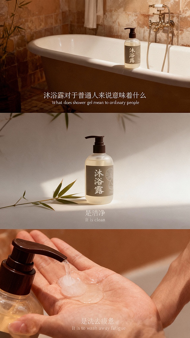 生成三宫格艺术感写真图，场景为复古浴室，色调呈焦糖棕色与灰白色渐变。画面主体为图中的沐浴露，突出色彩表达与自我风格。最上面一张为近景，沐浴露置于浴缸旁边，添加中英字幕“沐浴露对于普通人来说意味着什么”“What does shower gel mean to ordinary people”；中间一张是中景，沐浴露旁搭配竹叶，添加中英字幕“是洁净”“It is clean”；下面一张是特写，从瓶口挤出一泵沐浴露在手心，质感高级，添加中英字幕“是洗去疲惫”“It is to wash away fatigue”；整体色调文艺，三张图合成横向三宫格。