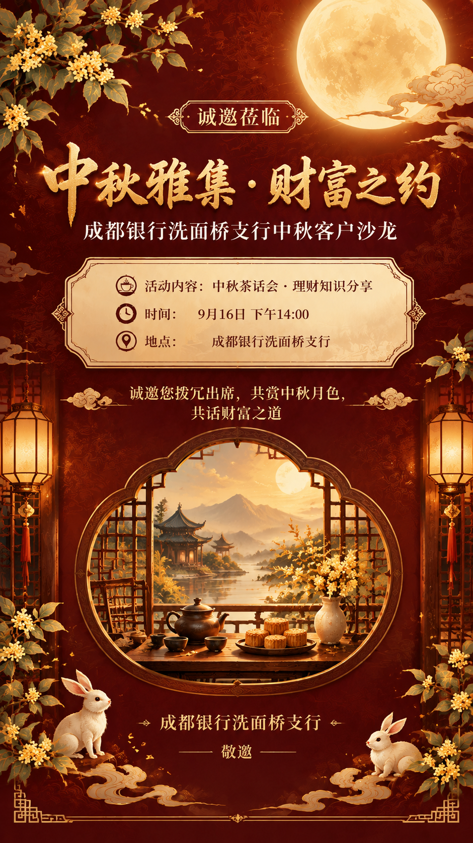 基于参考图重新生成中秋节银行沙龙活动邀请函海报，竖版9:16，… - 图片创意预览