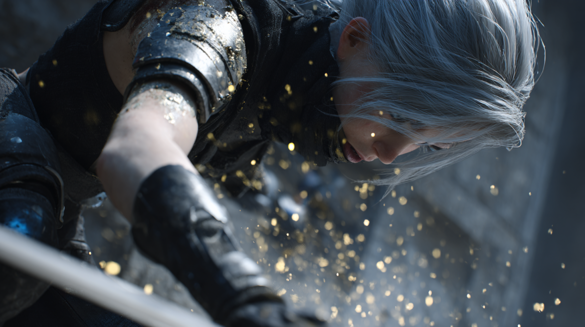Final Fantasy CG style:1.8 , 8K ultra-detailed:1.2, high contrast:1.5 , low-angle slow-motion shot:1预览效果