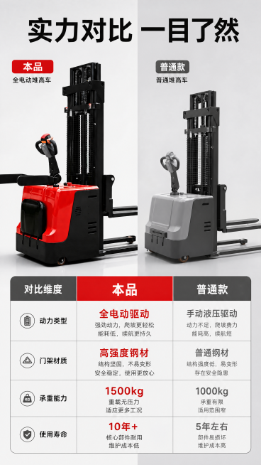 [主图-6] 全电动堆高车竞品硬核对比
[氛围风格] 专业对比，清晰直观
[画质] 商业摄影质感、光线柔和通透、产品清晰真实、画面干净高级
[元素] 保持全电动堆高车外观（物理结构、材质质感、颜色）与预览效果