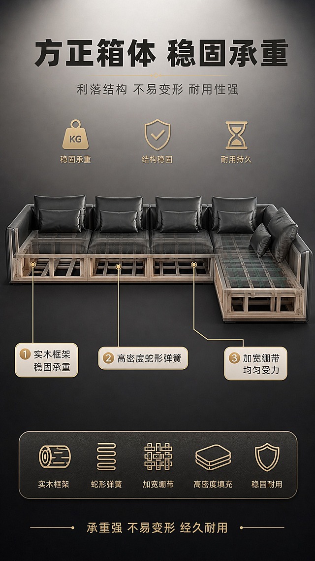 [商品] 使用【图1】黑色L型转角沙发；保留方正箱体结构、整体比例和颜色；做半透明透视效果展示内部框架结构，外层沙发皮面半透明可见内部实木框架和支撑结构。
[画面] 目标：解析方正箱体结构，展示稳固承重与耐用性。构图：上文下景竖版布局，顶部1/4为标题区，下方3/4为结构解析图；沙发位于画面中央，占画面约55%，正面微侧角度；沙发下半部分做半透明透视效果，露出内部实木方框架、蛇形弹簧、绷带等支撑结构；用金色引线标注3个关键结构点；背景为深色渐变突出结构，周围配承重示意图标（如砝码、盾牌、时间沙漏）。
[视觉] 套系策略：风格=现代轻奢亮色调商业家居摄影+结构透视图解；标题字=现代无衬线粗体中文；正文字=简洁无衬线体；主色=暖白+深灰；背景延展=基于深灰到浅灰的渐变，突出结构透视效果；强调色=暖金色，仅用于引线、标注、图标和装饰线条；标题色=深炭黑；正文色=中暖灰；组件=圆角浅底信息卡、金色细线引线、结构标注框；光影=顶部聚光+侧面补光，突出内部结构立体感。
[文字] 顶部主标题"方正箱体 稳固承重"（8字），副标题"利落结构 不易变形 耐用性强"（14字）；三个结构标注分别为："实木框架 稳固承重"、"高密度蛇形弹簧"、"加宽绷带 均匀受力"；底部加一行"承重强 不易变形 经久耐用"；文字全部横向排版。
[规格] 图片比例9:16竖版，4K，避免变形、错字、文字过小、冷蓝背景、沙发外观失真、极限词、虚假承重数据。