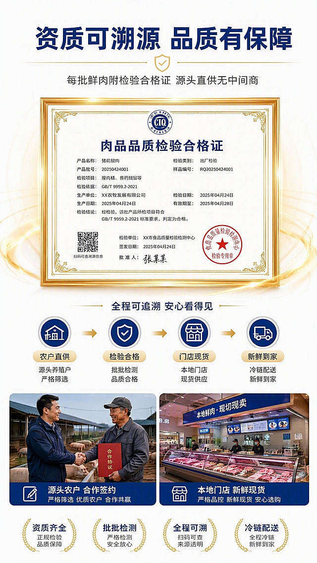 [第5张] 资质可溯源页-品质保障信任背书。本张为资质说明页，以证书和溯源信息为主。
[氛围/风格] 专业可信、严谨规范，高级商务质感，干净明亮。
[元素布局] 画面上半部分中央是「肉品品质检验合格证」证书样式展示，占画面约35%，证书周围有金色光晕效果；证书下方是溯源流程图：「源头农户」→「直供合作」→「门店现货」→「到您手中」四个节点用箭头连接，每个节点配小图标；左侧是农户合作签约场景小图，右侧是本地门店实景小图。
[光影质感] 整体均匀明亮柔光，证书部分有重点打光突出，阴影浅淡，画面干净专业。
[配色色系] 全局底色 #FFFFFF 纯白；主色深蓝+金色；辅助色深灰文字、红色印章点缀。
[视角构图] 上下结构，居中对称，阅读动线从上到下。
[文字版式] 版式为顶部标题 + 中部证书 + 底部溯源流程。主标题「资质可溯源 品质有保障」，副标题「每批鲜肉附检验合格证 源头直供无中间商」；证书上有「肉品品质检验合格证」字样和红色印章；底部四个流程节点分别标注「农户直供」「检验合格」「门店现货」「新鲜到家」；黑体标题字，深蓝色，正文深灰色；关键信息用金色底条高亮。
[比例分辨率] 9:16 竖版比例，4K分辨率，文字清晰可辨。
[负向提示词] 证书模糊，印章不清，水印，文字错乱，虚假认证标识，人物变形。