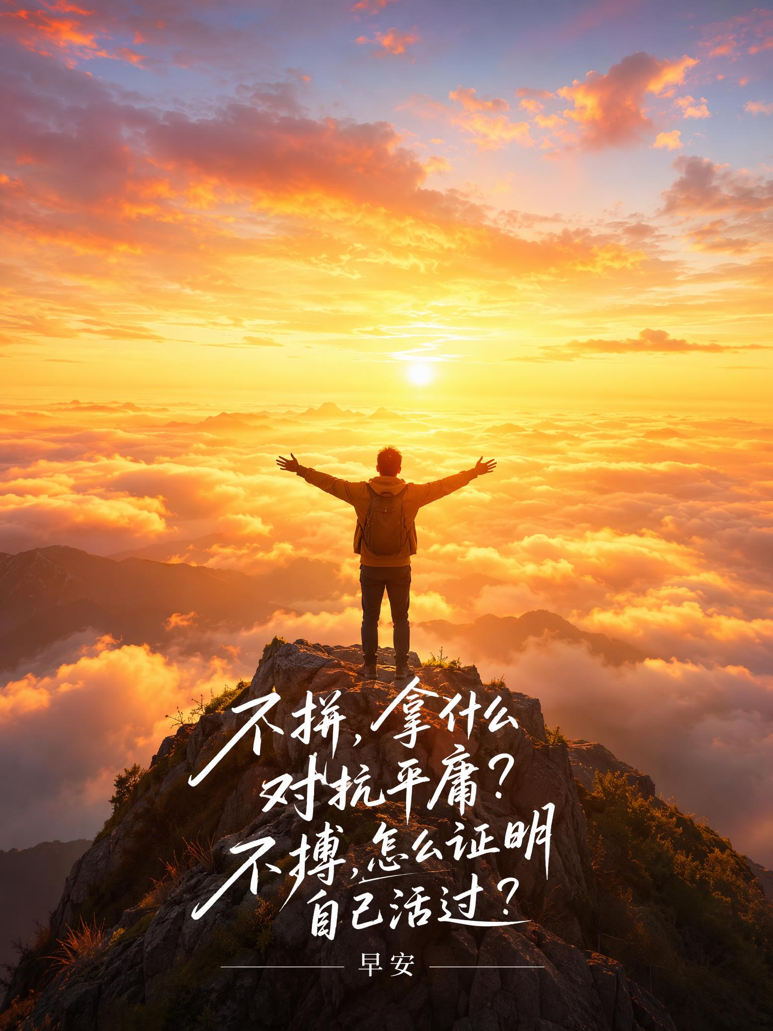 早安日签海报，竖版3:4比例，治愈系暖色调风格，一个人站在山顶… - 图片创意预览