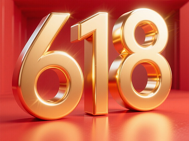 3D金属风大字“618”，金色光泽闪耀，红色背景烘托喜庆氛围，节日促销创意设计。
