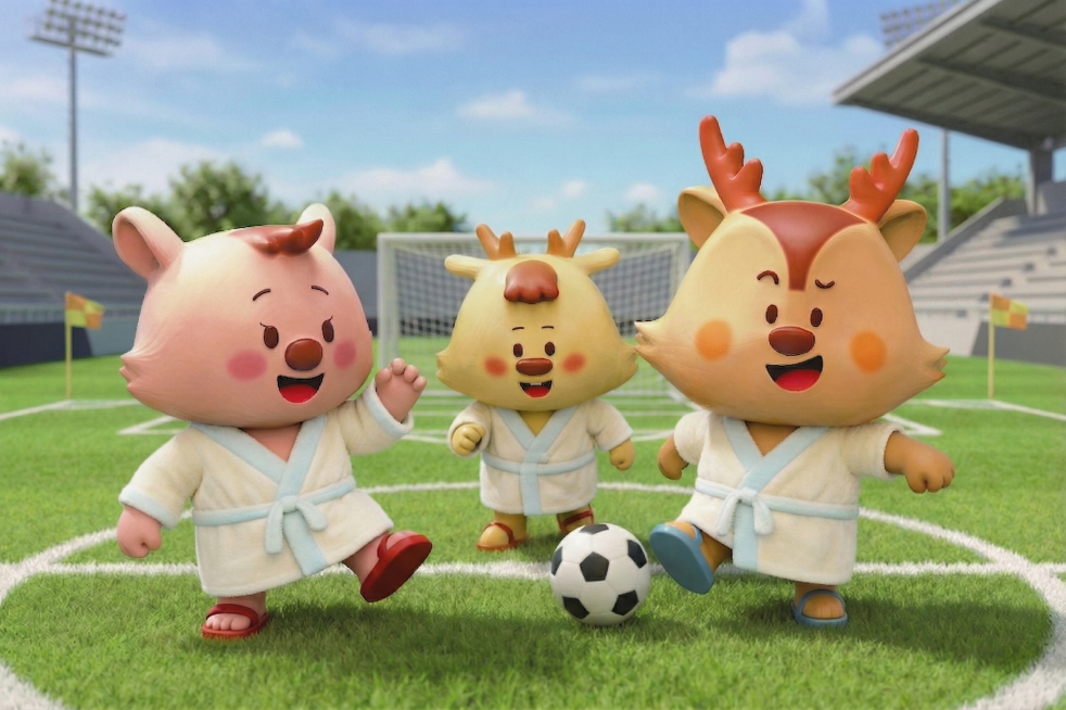 只保留一个足球，去掉多余的那个足球，调整踢足球的互动动作，保持三个小鹿角色形象、浴袍服装、足球场背景和整体3D风格不变预览效果