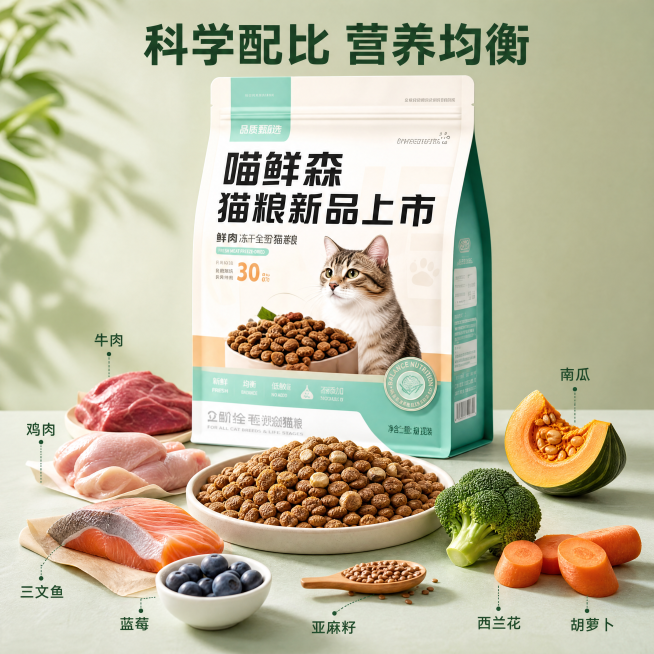 [主图-3] 猫粮细节成分特写，突出科学配比优势。氛围风格：专业质感，突出细节。画质：商业摄影质感、光线柔和通透、产品清晰真实、画面干净高级。元素：喵鲜森猫粮包装袋放置在画面上半部分，保持外观与输入产预览效果