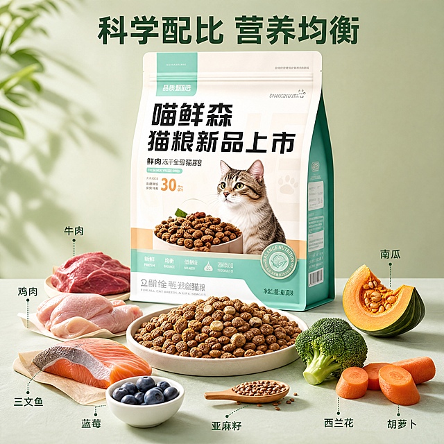 [主图-3] 猫粮细节成分特写，突出科学配比优势。氛围风格：专业质感，突出细节。画质：商业摄影质感、光线柔和通透、产品清晰真实、画面干净高级。元素：喵鲜森猫粮包装袋放置在画面上半部分，保持外观与输入产品图一致。下半部分做微距特写，展示猫粮颗粒的均匀纹理，周围摆放分散的鲜肉、果蔬等真实原料标注，每一种原料用极细引线对应标注，展示多样化健康成分。商品主体占比约70%，整体画面干净不拥挤。光影：柔和侧光，突出颗粒和原料的纹理细节，阴影柔和。配色：浅绿主色调搭配食材自然色，清新干净。视角构图：平视分层构图，特写清晰突出。文字版式：画面顶部大字文案"科学配比 营养均衡"，深绿色居中展示，字体大小适中醒目。每个原料标注文字细小清晰，深绿色不抢主体。比例分辨率：1:1比例，4k分辨率；文字清晰可辨，超高清。负向提示词：变形，水印，文字错乱，产品图模糊，背景杂乱