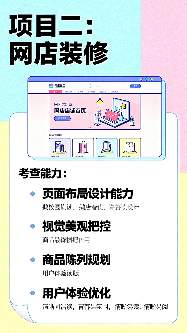 竖版网店装修项目介绍页，标题为“项目二：网店装修”，配一张网店店铺首页设计的示意图，说明考查能力包括页面布局设计能力、视觉美观把控、商品陈列规划、用户体验优化，排版图文并茂，校园活动风格