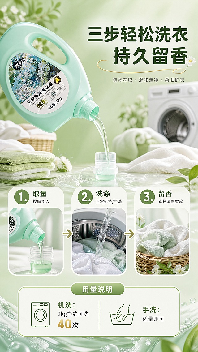 [商品] 使用【图1】杰净力植萃香氛洗衣液浅绿色2kg瓶装；保留瓶身形状、提手、瓶盖、标签图案、Logo及所有瓶身文字；商品精修处理，让浅绿色均匀通透，标签清晰，不改变瓶体结构。
[画面] 目标：使用流程页，三步洗衣法+用量说明。横向三步流程构图，从左到右展示：第1步取适量洗衣液、第2步倒入洗衣机/水中、第3步衣物洁净留香。产品瓶身放在画面左上方，占画面约30%，倾斜倒出的动态感。右侧和下方是步骤图与用量说明卡。背景是浅绿渐变+洗衣机/洗衣盆场景元素，生活化场景。
[视觉] 套系策略：风格=清新森系商业摄影风，自然柔光，高级质感；标题字=圆润黑体粗体；正文字=简洁无衬线黑体；主色=柔和浅绿（薄荷绿/鼠尾草绿）；背景延展=基于浅绿做深浅层级渐变，融入水波纹、泡沫、衣物等洗衣元素；强调色=奶白色+浅金色，仅用于小面积图标、引线、标签和高光；标题色=深森林绿；正文色=中灰绿；组件=圆形步骤编号卡、箭头流程线、用量信息卡；光影=柔和顶光，带泡沫光泽感。
[文字] 顶部主标题"三步轻松洗衣 持久留香"，三步分别标注："1. 取量 按需倒入""2. 洗涤 正常机洗/手洗""3. 留香 衣物清新柔软"，底部用量说明："机洗：2kg瓶约可洗40次  手洗：适量即可"，文字全部横排，步骤编号清晰。
[规格] 图片比例9:16竖版，4K，负向提示：避免变形、错字、文字过小、瓶身颜色改变、结构失真、夸张污渍、绝对化用语、二维码、平台Logo。