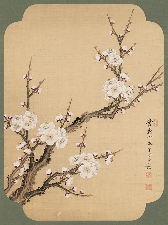 《梅兰竹菊之梅花》古典工笔风，水墨细腻描绘梅花，枝干遒劲，花蕊精致，尽显冬日雅韵。