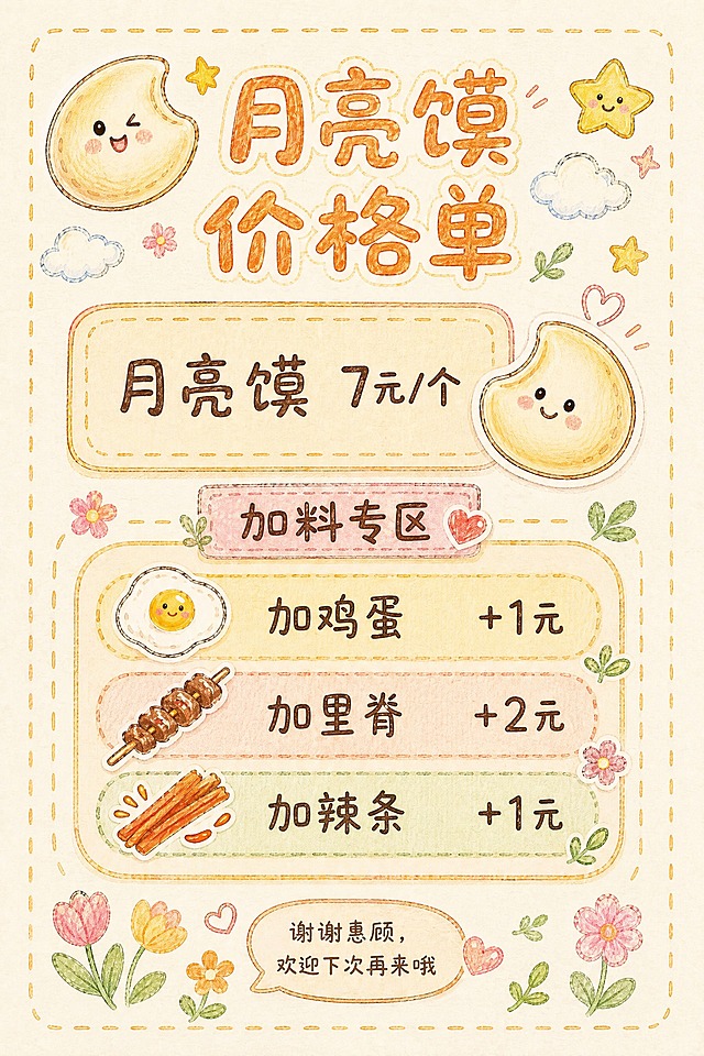 基于第一张图的整体风格和布局，彩铅素描软萌手账风月亮馍价格单，A4竖版2:3比例。保留原图的米白纸纹底色、圆润可爱字体、简笔画小贴纸装饰风格、暖色调配色。去掉顶部的胶带装饰，去掉底部的二维码占位符。将加料专区和底部的花花草草装饰以及"谢谢惠顾，欢迎下次再来哦"文字整体向上收拢，中间不要留大空白，让画面布局更紧凑，上下分布更均匀。保留所有原有文字内容和简笔画元素：月亮馍简笔画、鸡蛋简笔画、里脊肉简笔画、辣条简笔画、星星云朵小花装饰。文字内容保持不变："月亮馍价格单"、"月亮馍 7元/个"、"加料专区"、"加鸡蛋 +1元"、"加里脊 +2元"、"加辣条 +1元"、"谢谢惠顾，欢迎下次再来哦"。整体不要大改，只做纵向布局微调，压缩中间空白区域，让内容更紧凑。画面中所有数字必须精确渲染。