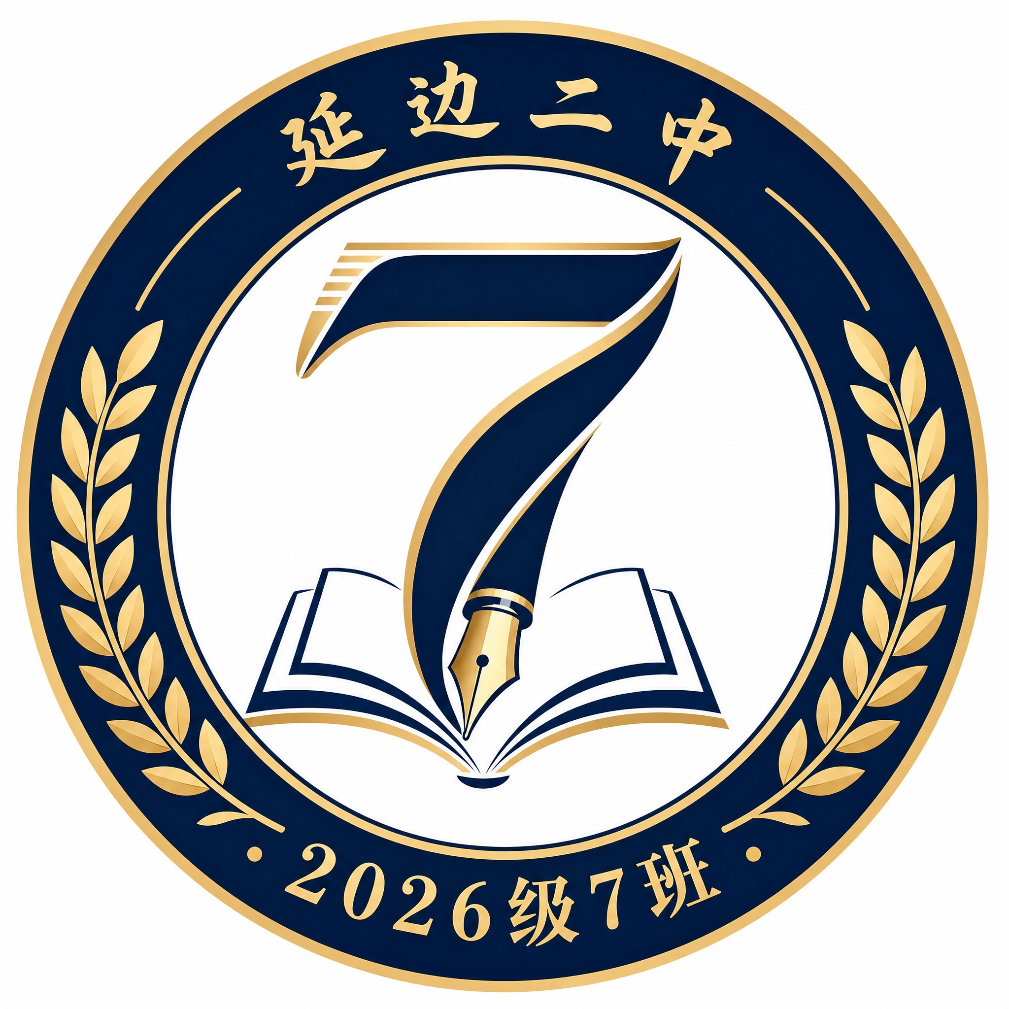 延边二中2026级7班班徽设计，圆形徽章，现代简洁风格，深蓝色… - 图片创意预览