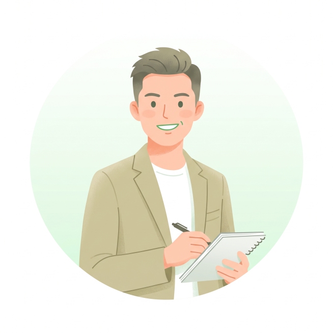 清新现代扁平插画风格UI头像，23岁职场实习生男生，穿着浅卡其轻商务外套内搭白T恤，手里拿着笔记本，表情积极自信略带青涩，白色淡绿色渐变背景，整体年轻干净亲和，适合职业规划平台新人头像预览效果