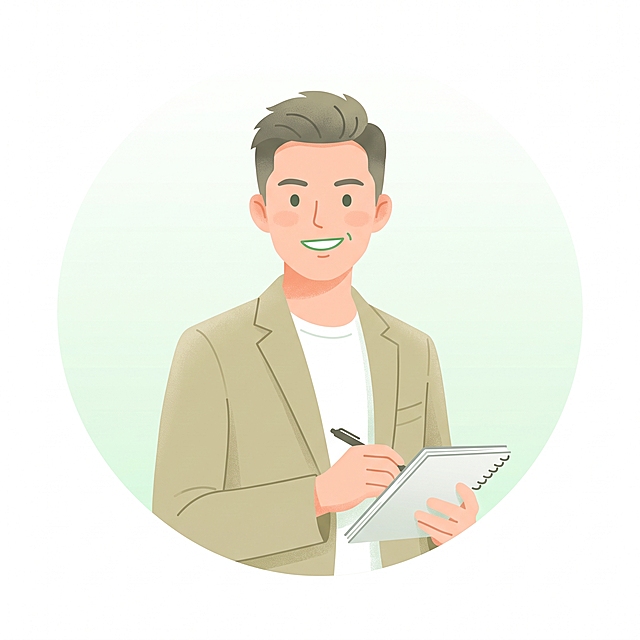 清新现代扁平插画风格UI头像，23岁职场实习生男生，穿着浅卡其轻商务外套内搭白T恤，手里拿着笔记本，表情积极自信略带青涩，白色淡绿色渐变背景，整体年轻干净亲和，适合职业规划平台新人头像