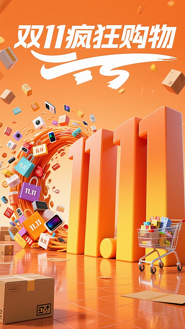 创作一幅卡通 3D 风格的 双11促销海报，整体以暖橙色为主色调，色彩明亮，营造热闹欢快的购物氛围。画面上方有醒目的白色粗体大字 “双11疯狂购物”；左侧和中间区域，大量色彩缤纷的商品（包括各色购物袋、包装盒、电子产品、带有 “11.11” 标识的物品等）从左向右如潮水般倾泻而下，充满动感与活力；右下角有立体的橙黄渐变 “11.11” 数字，旁边摆放着一辆装满商品的购物车，地面还有带有快递标识的棕色纸箱，地面带有光泽反射，增强画面的质感与空间感。