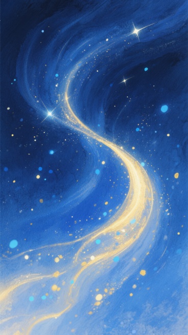 深蓝色调的水彩风格背景，流动的金色光带如同彗星尾迹划过画面，无数细碎的金色与蓝色光斑在深邃的蓝色空间中悬浮闪烁，呈现出梦幻而柔和的晕染效果，整体画面充满流动感和轻盈的透明质感，色彩层次丰富，光影交织营造出宁静而璀璨的宇宙氛围。预览效果