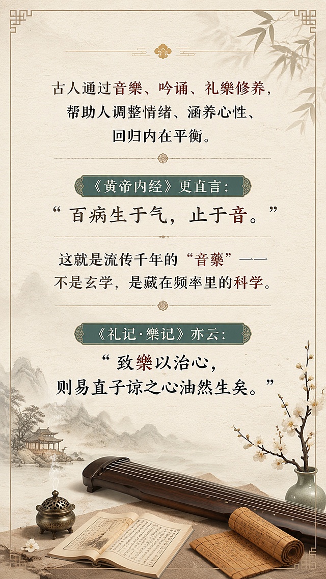 设计一张9:16竖版内容种草海报，风格为国风新中式，淡雅宣纸色古风底色，与前文内容图保持一致底色。画面中必须完整呈现以下文字，一字不差：
"古人通过音樂、吟诵、礼樂修养，帮助人调整情绪、涵养心性、回归内在平衡。
《黄帝内经》更直言： “百病生于气，止于音。”
这就是流传千年的 “音藥” ——不是玄学，是藏在频率里的科学。
《礼记·樂记》亦云： “致樂以治心，则易直子谅之心油然生矣。”"
所有文字清晰可读，排版整齐有序，四边留足边距。无需添加二维码。画面中所有信息区域必须填充完整合理的内容，不得出现空白框、空白占位。版式精美，国风新中式风格，整体色调淡雅清新。