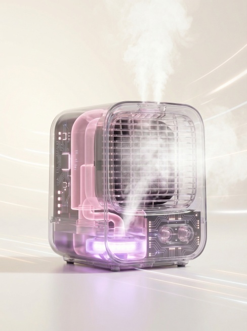 可视化提示词
 
科技感透视效果图，香薰机外壳半透明化，内部超声波雾化片以淡紫色震动光效呈现，香薰液仓与风道以浅粉色半透明科技感材质展示，背景暖白渐变，细节清晰，突出香雾扩散与控制逻辑，整体充满未来预览效果