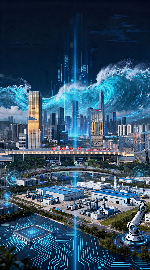 将深圳北站建筑融入未来科技城市场景中，保留图1的蓝色数字浪潮、数据流、高科技产业园区、芯片电路、机器人等未来科技元素，保持政府科技宣传海报风格，宏大视角，未来科技感