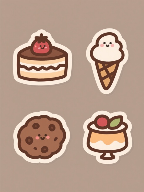 一套4个手绘风格图标，每个图标都是单一轮廓线条勾勒的可爱食物，线条为深棕色，内部填充不同的柔和纯色，图标边缘有轻微的浅色内阴影，整体风格保持一致的简洁手绘感，图标内容分别为草莓蛋糕、冰淇淋甜筒、巧克力曲奇、水果布丁，4个图标规整地排列在纯色背景上，每个图标色彩鲜明且各不相同，形成系列感。预览效果