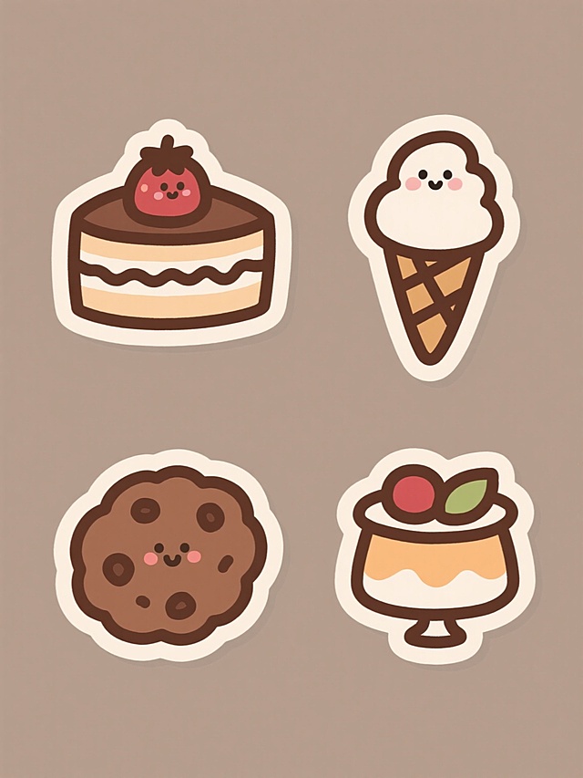 一套4个手绘风格图标，每个图标都是单一轮廓线条勾勒的可爱食物，线条为深棕色，内部填充不同的柔和纯色，图标边缘有轻微的浅色内阴影，整体风格保持一致的简洁手绘感，图标内容分别为草莓蛋糕、冰淇淋甜筒、巧克力曲奇、水果布丁，4个图标规整地排列在纯色背景上，每个图标色彩鲜明且各不相同，形成系列感。