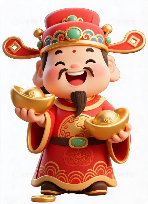 将财神的头部转正，调整五官朝向正前方，保留原本的3D卡通风格、红金配色、元宝和服饰细节不变预览效果