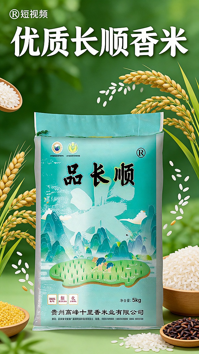以这袋品长顺大米为主体制作视频封面，保留品牌名称"品长顺"，添加醒目的标题文字"优质长顺香米"，加上五谷稻米相关的装饰元素，绿色生态清新风格，突出产品包装，适合作为短视频封面，画面层次感丰富