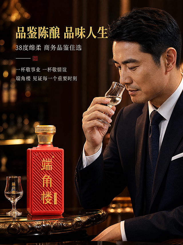 [第6张] 模特展示页-商务人士举杯品鉴。本张使用【图1】中的酒瓶和酒杯作为产品主体。
[氛围/风格] 高端商务生活方式，成熟稳重，暖调氛围，商业摄影质感。
[元素布局] 画面右侧为一位35-45岁亚洲商务男性（肩部以上入镜，侧脸角度），身着深色西装，手持白酒杯正在品鉴/闻香，表情专注从容。画面左侧或前景摆放端角楼酒瓶（与输入图外观一致），旁边有一只同款酒杯。背景为虚化的高端酒廊或私人会所环境，有暖光光斑和深色木质背景。人物+产品占画面约70%。产品外观与输入图完全一致。
[光影质感] 侧暖光打亮人物侧脸和酒杯，酒瓶有清晰高光，背景虚化形成光斑效果，整体光影柔和有层次感，营造高端品鉴氛围。
[配色色系] 全局底色 深棕暖调；主色 西装深蓝黑、中国红瓶身；辅助色 金色、暖黄肤色、酒液琥珀色。
[视角构图] 平视微侧角度，阅读动线 左侧产品 → 右侧人物 → 上方标题。
[文字版式] 左上主标题「品鉴陈酿 品味人生」金色粗宋体（与第1张字形统一）。副标题「38度绵柔 商务品鉴佳选」白色细宋体。下方两行短句：「一杯敬事业 一杯敬情谊」、「端角楼 见证每一个重要时刻」。文字放在左上负空间，不遮挡人物和产品主体。人物面部自然不扭曲。
[比例分辨率] 3:4 竖版比例，4K 分辨率，文字清晰可辨，高清画质。
[负向提示词] 人物面部扭曲，手指畸形，产品变形，水印，文字错乱，低俗形象，极限词。