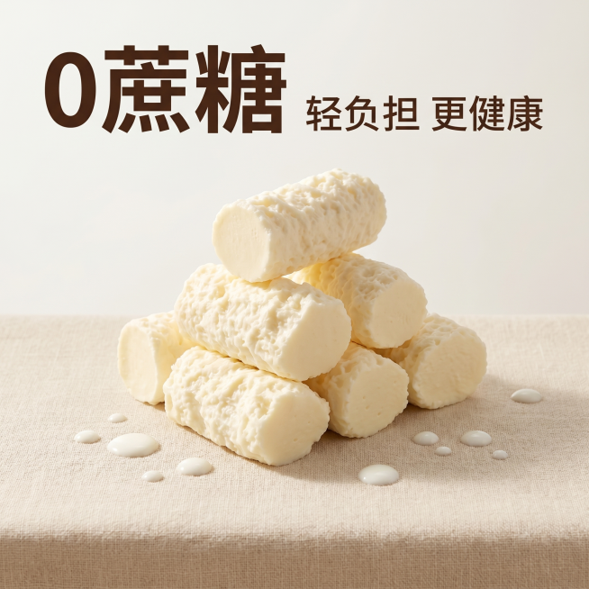 [主图-4] 0蔗糖核心卖点强化展示。[氛围风格] 简约健康风，干净高级；[画质] 商业摄影质感、光线柔和通透、产品清晰真实、画面干净高级。[元素] 奶醇产品堆放在画面中央，周围散落少许新鲜牛乳滴，背预览效果