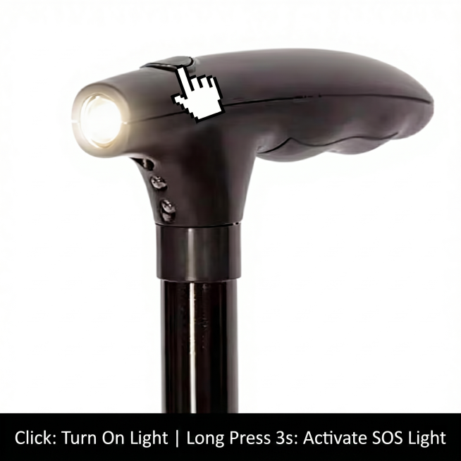 基于提供的手杖把手图片，添加英文功能说明文字: "Click: Turn On Light  |  Long Press 3s: Activate SOS Light", 保留原图的产品细节和点亮的灯预览效果