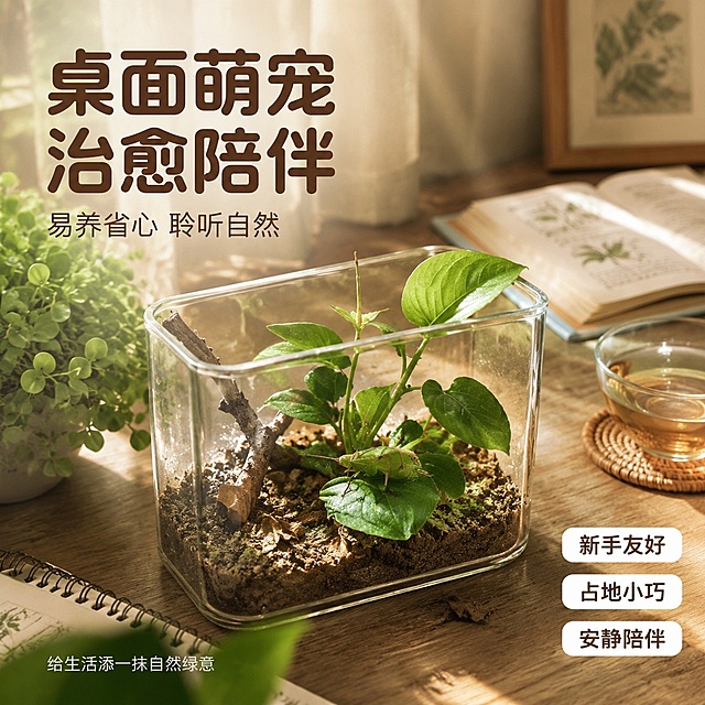 [主图-4] 宠物鸣虫扎嘴饲养场景与环境适配图。
[氛围风格] 家居自然风 温馨治愈 抖音电商生活化场景 真实亲切。
[画质] 商业生活摄影质感 光线温暖柔和 场景真实自然 主体清晰。
[元素] 画面展示书桌一角的温馨饲养场景 木质书桌上摆放一个透明玻璃饲养盒 盒内有翠绿鸣虫扎嘴趴在新鲜绿叶上 盒内布置有湿润泥土 小树枝和几片鲜叶 模拟自然生态环境。饲养盒旁有一小盆绿植 一本翻开的自然书籍 一杯清茶 营造桌面萌宠的治愈氛围。窗外柔和自然光洒入 空气中有轻微丁达尔效应。背景是虚化的白色墙面与窗帘 整体温馨舒适。鸣虫在饲养盒内清晰可见 保持外观与输入产品图完全一致 颜色翠绿 形态自然。
[光影] 窗边自然光为主光源 从左前方斜射 温暖柔和 桌面有自然阴影 玻璃盒有通透反光 整体暖色调 治愈温馨。
[配色] 主色暖木色 翠绿 米白 辅色浅黄 浅棕 整体温馨自然。
[视角构图] 45度俯视桌面视角 饲养盒位于画面中心 周围物品自然散落 生活感强 景深层次分明。
[文字版式] 左上负空间主标题"桌面萌宠 治愈陪伴" 深棕色粗体圆润字体 字号大。下方辅助文字"易养省心 聆听自然" 浅棕色 约半高。右下角三个圆角小标签 从上到下："新手友好""占地小巧""安静陪伴" 白底深棕字 字号小。底部小字"给生活添一抹自然绿意" 浅灰色。
[输出要求] 1:1比例 文字清晰锐利 高清生活摄影质感。
[负向提示词] 变形 文字错乱 鸣虫模糊 背景杂乱 水印 电商平台Logo 多余人物手部畸形。