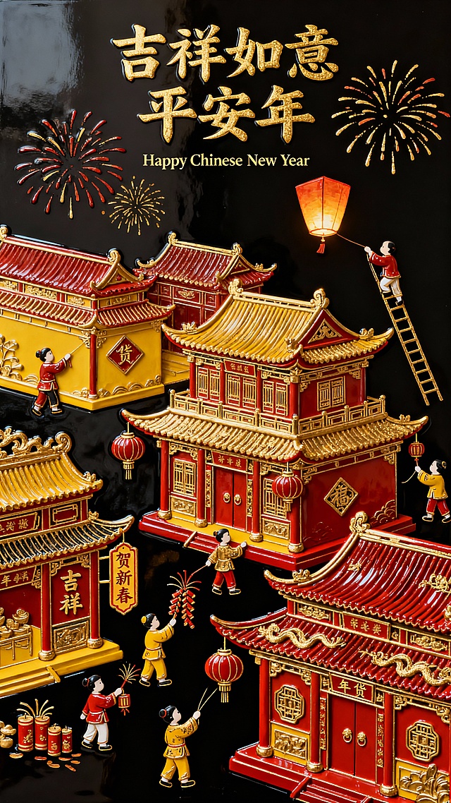 国潮风微缩艺术，鎏金浮雕建筑群，重拟物手法呈现中式新年场景，喜庆红金配色，人物互动生动，烟花灯笼点缀，尽显民族喜庆感。