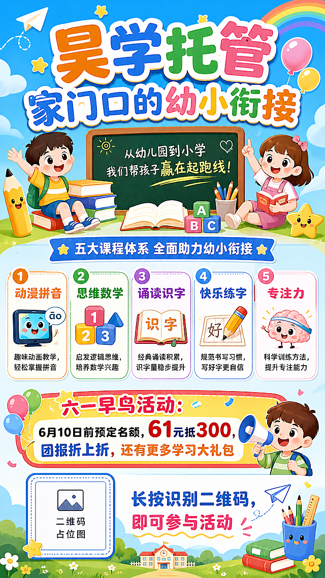 重新设计一张昊学托管幼小衔接招生海报，标题是"昊学托管 家门口的幼小衔接"，内容包含课程：动漫拼音:趣味动画教学，轻松掌握拼音；思维数学:启发逻辑思维，培养数学兴趣；诵读识字：经典诵读积累，识字量稳步提升；快乐练字：规范书写习惯，写好字更自信；专注力：科学训练方法，提升专注能力；下方标注六一早鸟活动：6月10日前预定名额，61元抵300，团报折上折，还有更多学习大礼包，底部放置用户提供的二维码图片，提示文字为"长按识别二维码，即可参与活动"，风格活泼童趣，卡通风格，色彩鲜艳，适合教育培训机构宣传