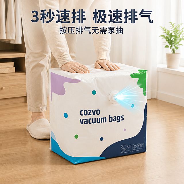 模仿参考图1的构图和场景，用图2的图案和配色重做真空压缩袋主图。画面：一个人双手按压放在木地板上的真空压缩袋，袋子正在排气，有蓝色排气光效，背景是明亮温馨的家居房间，左侧换成一个简约衣柜，右侧窗边有绿植。袋子要求：1）袋子颜色和色块形状严格按照图2来做，以白色为主，藏青色文字和图案，淡紫色小色块；2）袋子上的图案和文字必须有清晰的限物线（轮廓线）；3）袋子中间英文完整显示为"cozvo vacuum bags"，藏青色粗体无衬线字体；4）袋子右下角藏青色色块区域内有白色的操作教程线稿小图标；5）袋子为立体方型，饱满有体积感。顶部大字文案："3秒速排 极速排气"，下方小字："按压排气无需泵抽"。整体风格：电商主图，真实摄影质感，明亮干净，1:1正方形构图。