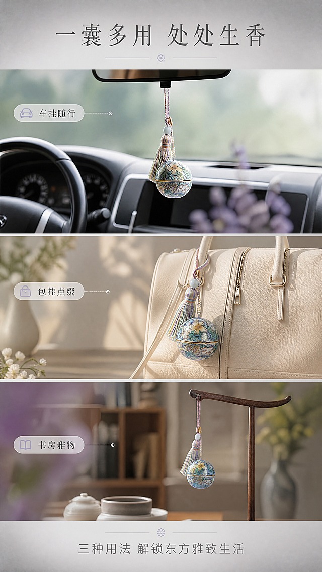 [商品] 使用【图1】骨子里繁花陶瓷香囊球挂饰；保留球形陶瓷主体、繁花图案、金色中分线、渐变流苏、编绳挂绳的全部结构、颜色和材质；分别呈现车挂、包挂、书房悬挂三种使用状态，产品原貌一致。
[画面] 页面目标：场景种草，展示多场景使用方式与搭配美感。构图：三格竖版拼图，上中下三栏分别为车内后视镜悬挂、包包挂饰、书房茶空间悬挂，每格独立场景。景别：中景。阅读动线：顶部标题→三格场景依次向下→底部总结文案。前中后景：每格场景含前景虚化、中景产品主体、后景环境虚化，各场景光影统一柔和。
[视觉] 套系策略：风格=东方雅致简约高级商业摄影；标题字=纤细宋体衬线体；正文字=现代无衬线细体；主色=渐变灰（浅灰至中灰过渡）；背景延展=基于渐变灰做深浅层级、细腻雾面质感与柔和侧光；强调色=雾霾蓝紫，仅用于小面积图标、引线和标签点缀；标题色=深炭灰；正文色=中暖灰；组件=细线引线、极细分割线、圆角浅灰信息卡；光影=右前侧柔光灯影，陶瓷表面呈现自然高光反射。
[文字] 顶部主标题「一囊多用 处处生香」，每格场景旁配小字标签：车挂随行 / 包挂点缀 / 书房雅物，底部一行总结文案「三种用法 解锁东方雅致生活」。文字均为横排，不遮挡产品主体。
[规格] 图片比例9:16竖版，4K分辨率，负向提示：避免变形、错字、文字过小、冷蓝背景、陶瓷颜色改变、花纹错乱、结构失真、绝对化用语。