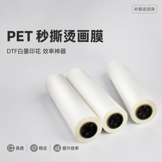 [主图-1] PET秒撕烫画膜产品首图，DTF白墨印花效率神器。
[氛围风格] 专业工业产品展示风格，简洁专业
[画质] 商业摄影质感，光线均匀通透，产品清晰真实，画面干净高级
[元素] 三卷米白色P预览效果