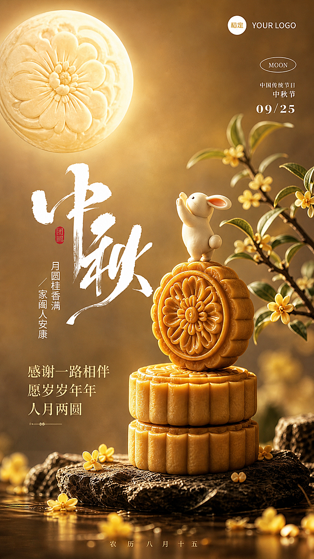 中秋节海报，竖版9:16，写实商业摄影风格，照片级高清质感。画面主体：三块精致的雕花月饼堆叠在深色岩石台面上，月饼表面雕刻着精美花纹，细节清晰逼真。月饼顶部站着一只可爱的白色小玉兔，前爪抬起望向月亮，造型灵动温柔。画面左上角是一轮巨大的雕花圆月，月面上雕刻着精美的花朵纹样，散发柔和的暖金色光芒。画面右侧有桂花枝条伸入，点缀着淡黄色桂花花朵，花瓣飘落，增添节日温馨氛围。背景为暖金色渐变，柔和朦胧，光影从侧上方打来，立体感强，材质真实。左侧竖排大书法字"中秋"，白色笔触苍劲有力，旁边有红色小印章。书法字下方竖排小字"月圆桂香满 / 家阖人安康"。画面中部偏下位置有温暖的祝福语："感谢一路相伴 愿岁岁年年 人月两圆"，字体优雅，暖金色。底部有小字"农历八月十五"。整体暖金棕色调，高级质感，光影柔和细腻，景深效果，前景虚化桂花，背景虚化，主体清晰锐利，版式精美，氛围温馨治愈，充满家人朋友间的温暖情谊。画面中所有信息区域必须填充完整合理的内容，不得出现空白框、空白占位、横线待填写区域、空列表项、空单元格。