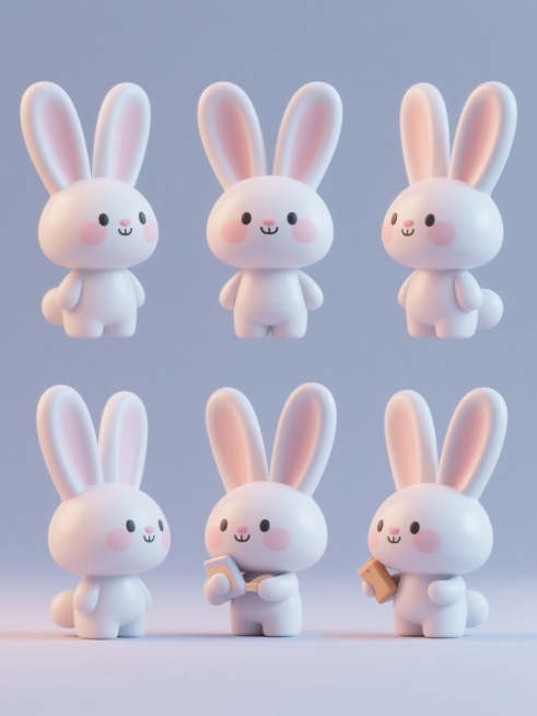 一套6张系列素材集合，每张均为3D风格的单一兔子元素图案，采用规整排布方式。兔子造型简约现代，保持圆润的3D立体形态和光滑的材质感，拥有大大的耳朵、圆润的脸颊和可爱的表情，每张素材改变兔子的不同造型（如姿势、耳朵形态、手持物品等）。整体使用纯色背景，无任何文字、logo及水印，色彩明快柔和，光影过渡自然，呈现出简洁而富有设计感的视觉效果。预览效果