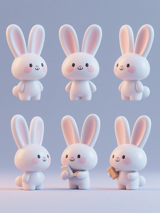 一套6张系列素材集合，每张均为3D风格的单一兔子元素图案，采用规整排布方式。兔子造型简约现代，保持圆润的3D立体形态和光滑的材质感，拥有大大的耳朵、圆润的脸颊和可爱的表情，每张素材改变兔子的不同造型（如姿势、耳朵形态、手持物品等）。整体使用纯色背景，无任何文字、logo及水印，色彩明快柔和，光影过渡自然，呈现出简洁而富有设计感的视觉效果。