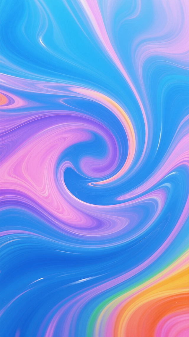 抽象色彩流体艺术，以大量流动的蓝色作为画面主体色彩（约占整体色彩比例的60%），搭配中等比例的粉色与紫色（各约占15%），少量的橙色、黄色与绿色（共约占10%），色彩呈现出柔和的渐变过渡效果，具有动感十足的旋转式构图，色彩笔触如丝绸般顺滑且富有层次感，整体画面充满活力与流动感，光影效果明亮且色彩饱和度高，形成梦幻般的视觉冲击。