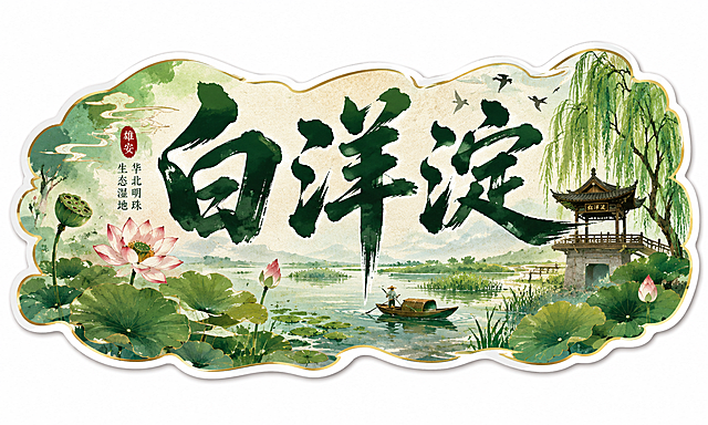 白洋淀书法大字，手绘国风插画，横版不规则贴纸，带有绿色元素，中式风格