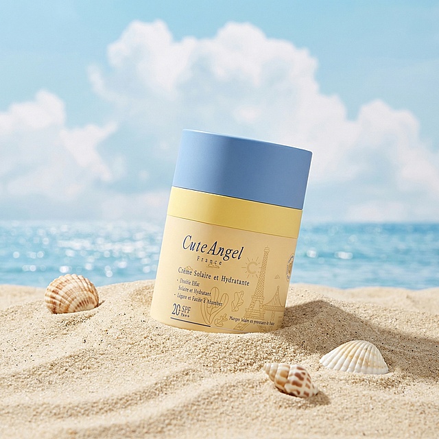 保持参考图中这款母婴防晒护肤品的角度和摆放位置完全不变，为产品替换场景：产品放置在细腻有起伏的沙滩上，产品底部陷进沙子里；远处背景是波光粼粼的海面，浅蓝色天空点缀大片柔和的白云；画面左侧沙滩上，一个小海螺陷进沙子里，产品前方散落着一两个不同形状的小贝壳；整体是清新自然的电商母婴产品场景渲染。