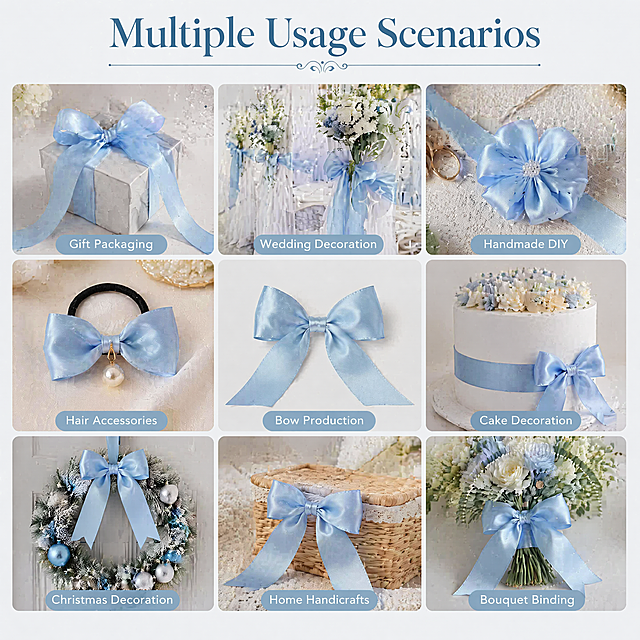 [主图-8] multiple usage scenarios - nine palace grid display of multiple usage scenarios. [氛围风格] Information-rich intuitive style. [画质] Commercial photography texture, soft light, clear product, clean and advanced picture. [elements] 3x3 nine palace grid layout, each small grid shows a different application scenario of the light blue wide ribbon: gift packaging, wedding decoration, handmade DIY, hair accessories, bow production, cake decoration, Christmas decoration, home handicrafts, bouquet binding. The ribbon in each scene is consistent with the input product material and color. Light gray background, the picture of each small grid is clear, the layout is neat. [光影] The light of each scene is unified, soft and transparent. [配色] Mainly light gray and light blue, uniform overall color matching. [视角构图] Each small grid has a reasonable perspective, adapting to different scene performance. [文字版式] Top center title "Multiple Usage Scenarios", each small grid has a small text description of the scene, the font is small and clear, does not block the picture. [比例分辨率] 1:1 ratio, 2048x2048 resolution, 4k, clear text, ultra HD. [negative prompt] Deformation, watermark, text confusion, blurred product image, messy background.