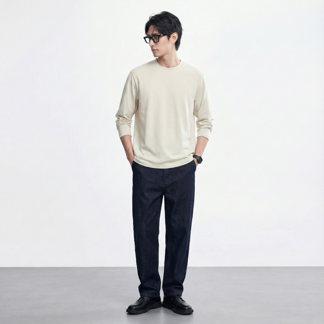 把白底图的衣服穿到模特身上
场景:灰色地面与白色背景，光线自然，背景简洁
画质要求:写实，8k，高细节，对焦清晰，光线自然，无变形预览效果