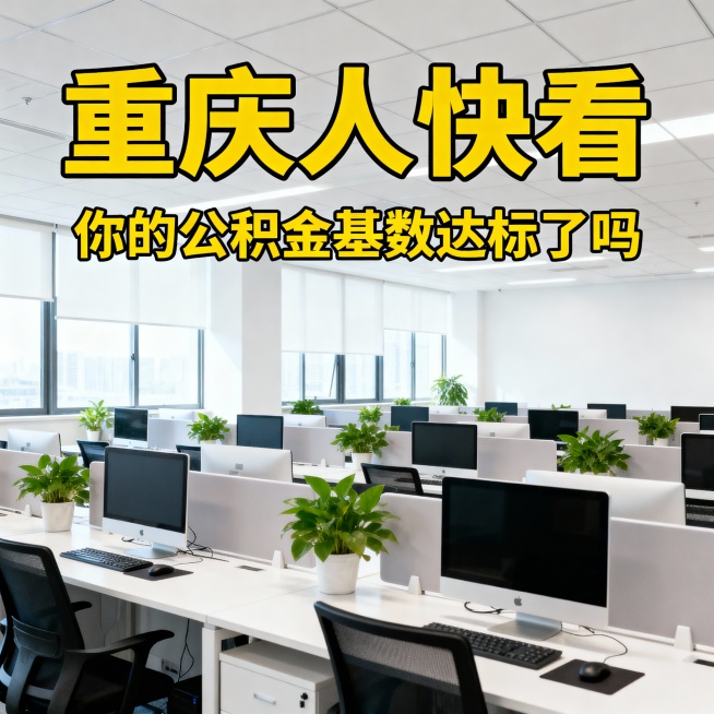 重庆人快看，做大标题，你的公积金基数达标了吗，帮我生成一个办公室环境照片，加文字进去，排版要清晰好看预览效果