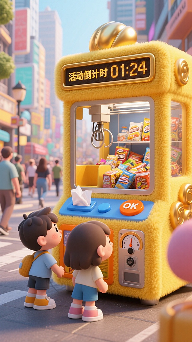 软3D风卡通设计，可爱角色与毛绒质感抓娃娃机互动，营造温馨节日氛围。