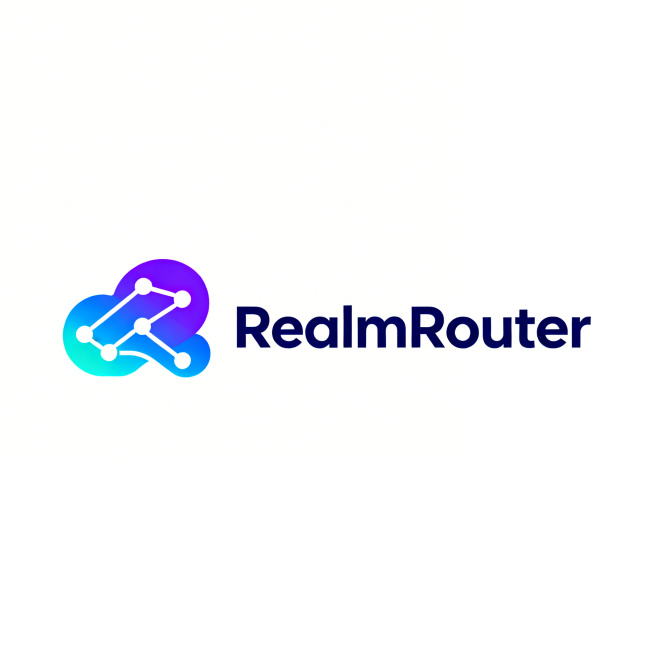 现代简约科技感Logo，品牌名称"RealmRouter"，主色科技蓝、深蓝色，辅色紫色渐变、青色，融合抽象网络拓扑、路由路径、云创意变形，体现节点连接与数据流动，背景空白，专业可靠，适合网络技术、路预览效果