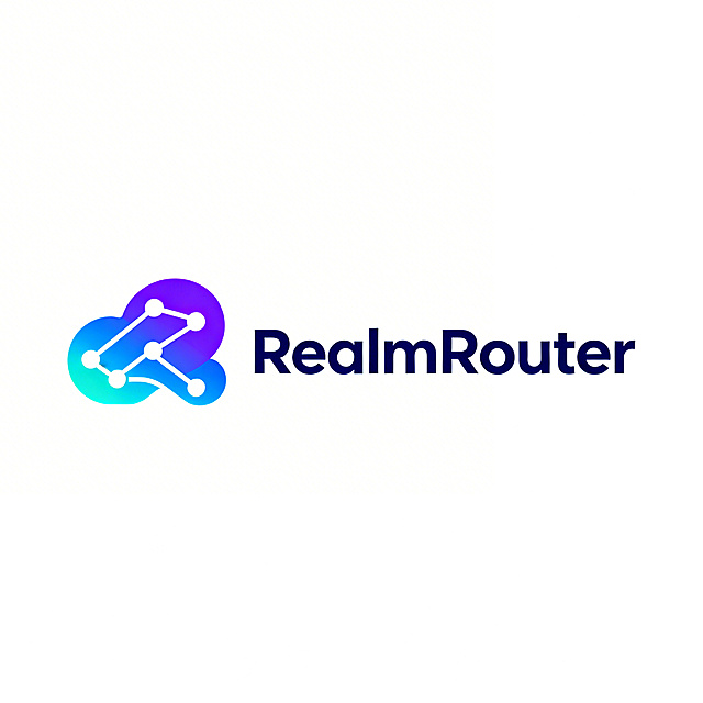 现代简约科技感Logo，品牌名称"RealmRouter"，主色科技蓝、深蓝色，辅色紫色渐变、青色，融合抽象网络拓扑、路由路径、云创意变形，体现节点连接与数据流动，背景空白，专业可靠，适合网络技术、路由中间件品牌