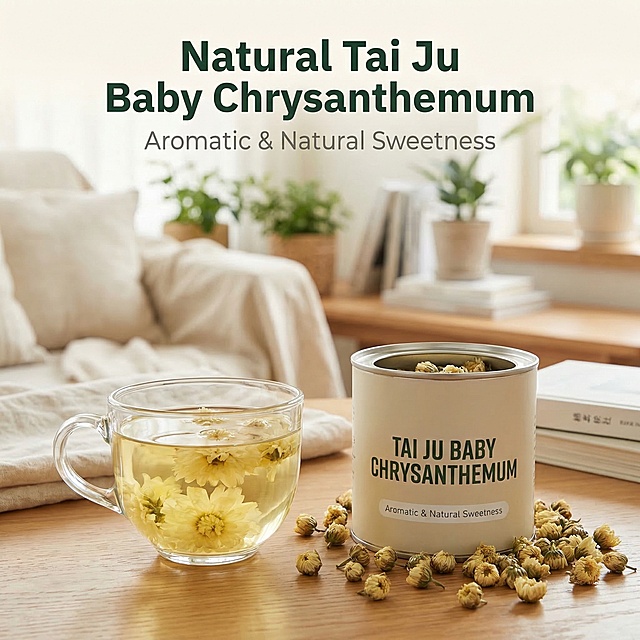 Main image 2 of Tai Ju Baby Chrysanthemum
[氛围/风格] Warm home tea break atmosphere, natural soft light, comfortable and relaxing
[画面元素] A glass cup of brewed Tai Ju Chrysanthemum tea in the foreground, clear chrysanthemum flowers blooming in the cup, the original canned product placed on the wooden table next to it, a soft warm home living room background, soft natural light coming through the window, creating a warm relaxing tea break atmosphere, all text is English, the picture is full screen without borders
[配色色系] Main color: warm wood tone, auxiliary colors: light yellow tea color, off-white background, green plant embellishment
[视角构图] Flat lay overlook, product and brewed tea double subject, moderate depth of field
[文字版式] Main title " Natural Tai Ju Baby Chrysanthemum" at the top, bold sans-serif font dark green, subheading " Aromatic & Natural Sweetness" below, lighter font gray. Centered top layout, clean and beautiful.