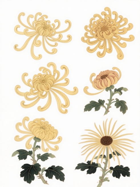 中国传统工笔手绘风格，六朵不同样式、不同材质的菊花整齐排列在纯白色背景上，每朵菊花均具有细腻流畅的金色线条勾勒，花瓣形态各异，有的呈卷曲丝状、有的为层叠勺状、有的似放射针形，花蕊以深褐色细密点染，搭配墨绿色带清晰叶脉的叶片，整体色彩明快和谐，线条工致，富有古典雅致的装饰美感，构图均衡对称，展现出菊花的多样姿态与工笔画的精致韵味。预览效果